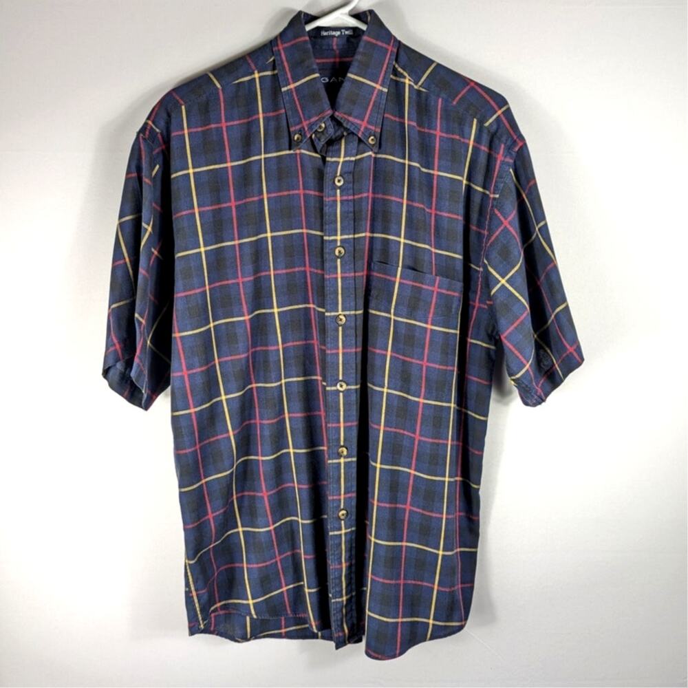 GANT Mens M Short Sleeve Heritage Twill Plaid Button Front Shirt Blue Red Yellow